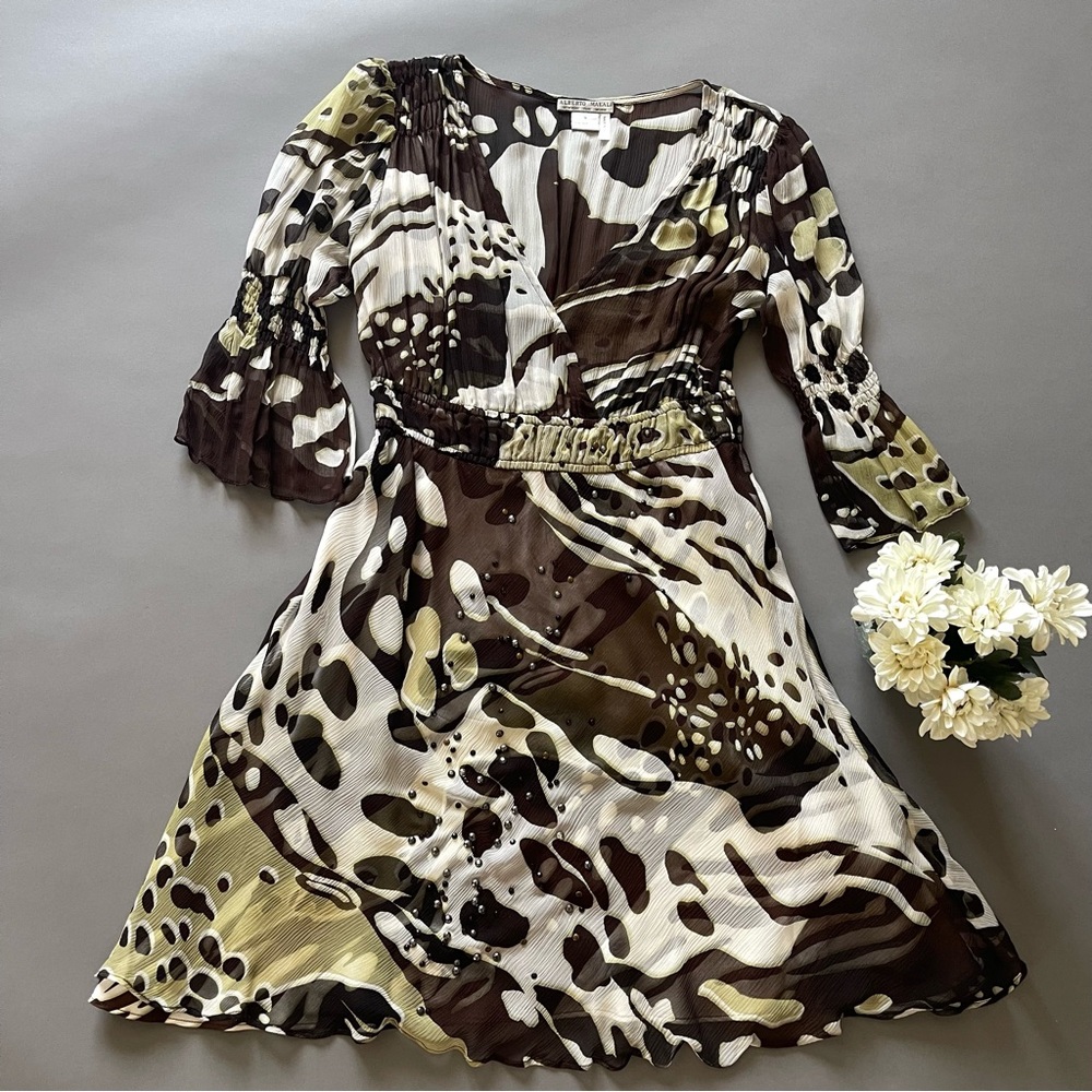 100% SILK ALBERTO MAKALI ANIMAL PRINT V-NECK Dress